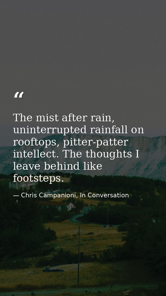 The mist after rain, uninterrupted rainfall on rooftops, pitter-patter intellect. The thoughts I leave behind like foots — Chris Campanioni, In Conversation