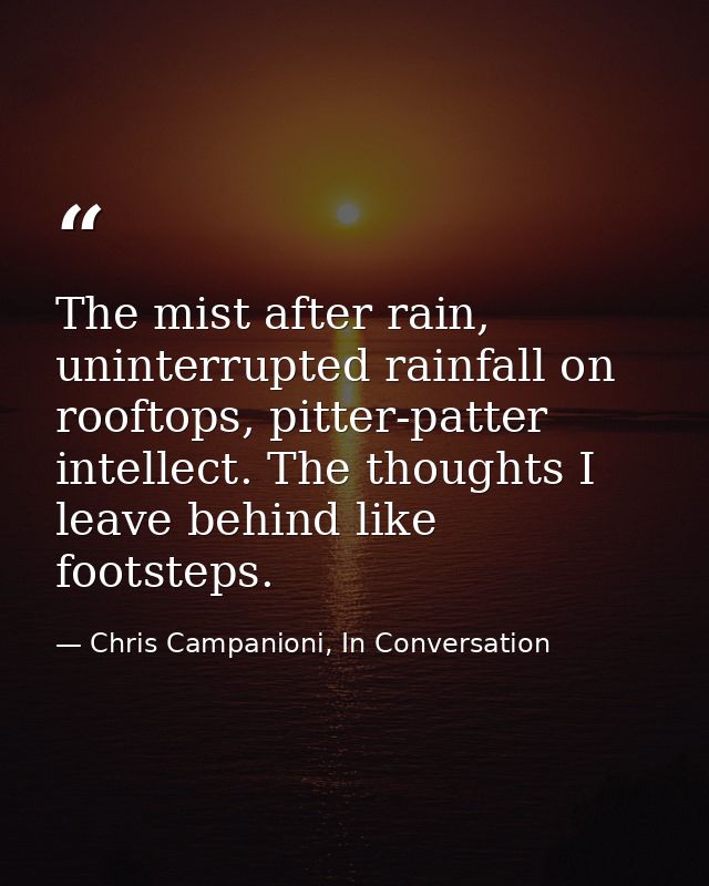 The mist after rain, uninterrupted rainfall on rooftops, pitter-patter intellect. The thoughts I leave behind like foots — Chris Campanioni, In Conversation