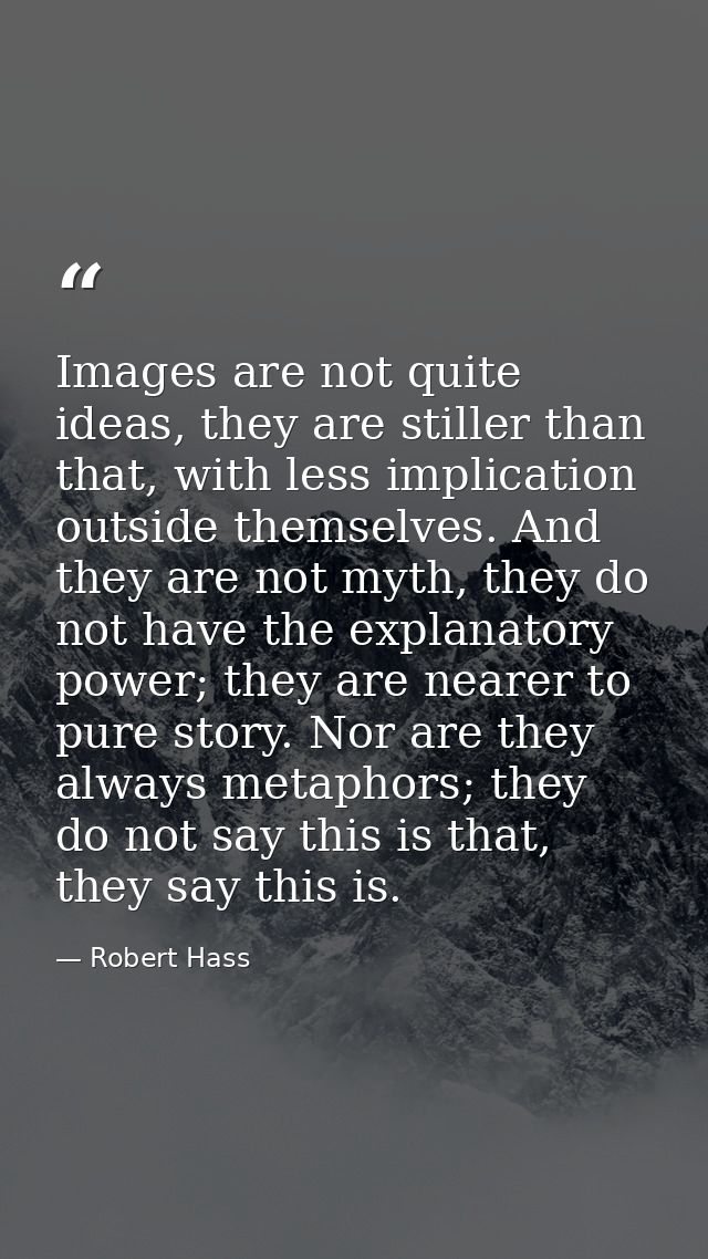 Images are not quite ideas, they are stiller than that, with less implication outside themselves. And they are not myth, — Robert Hass