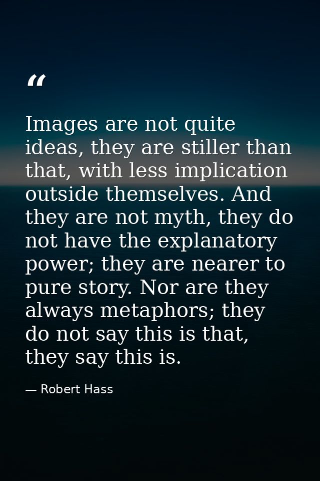 Images are not quite ideas, they are stiller than that, with less implication outside themselves. And they are not myth, — Robert Hass
