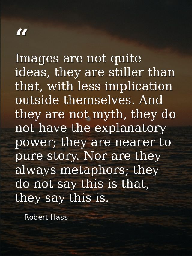 Images are not quite ideas, they are stiller than that, with less implication outside themselves. And they are not myth, — Robert Hass