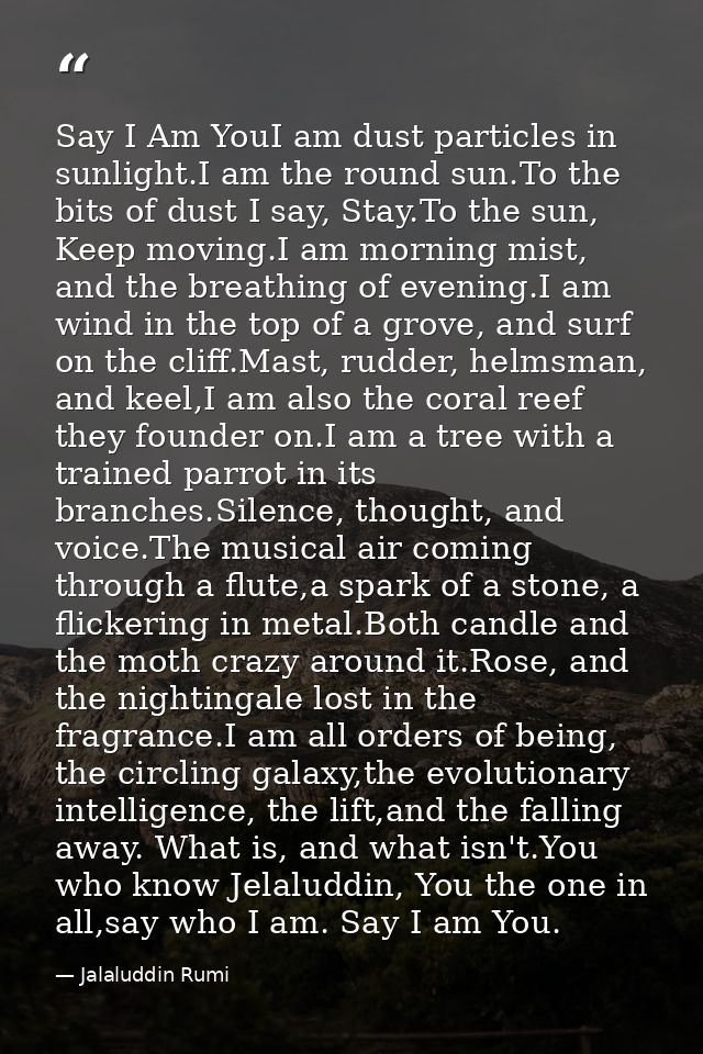 Say I Am YouI am dust particles in sunlight.I am the round sun.To the bits of dust I say, Stay.To the sun, Keep moving.I — Jalaluddin Rumi