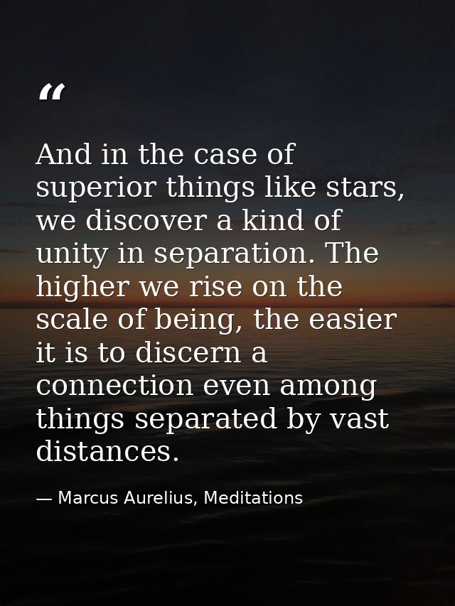 And in the case of superior things like stars, we discover a kind of unity in separation. The higher we rise on the scal — Marcus Aurelius, Meditations