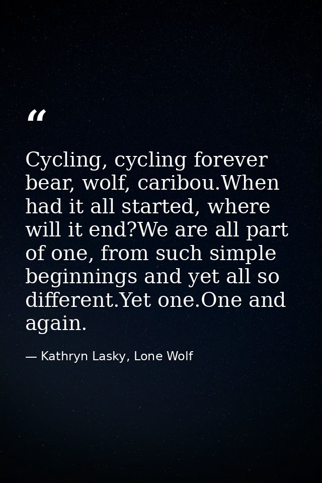 Cycling, cycling forever bear, wolf, caribou.When had it all started, where will it end?We are all part of one, from suc — Kathryn Lasky, Lone Wolf