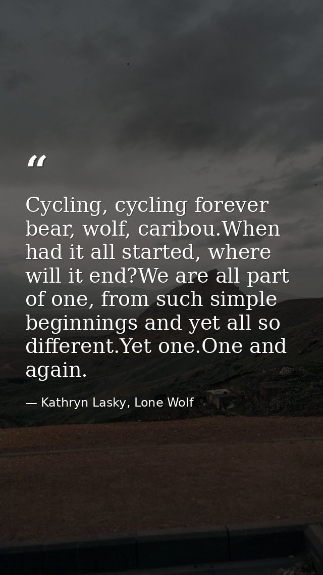 Cycling, cycling forever bear, wolf, caribou.When had it all started, where will it end?We are all part of one, from suc — Kathryn Lasky, Lone Wolf