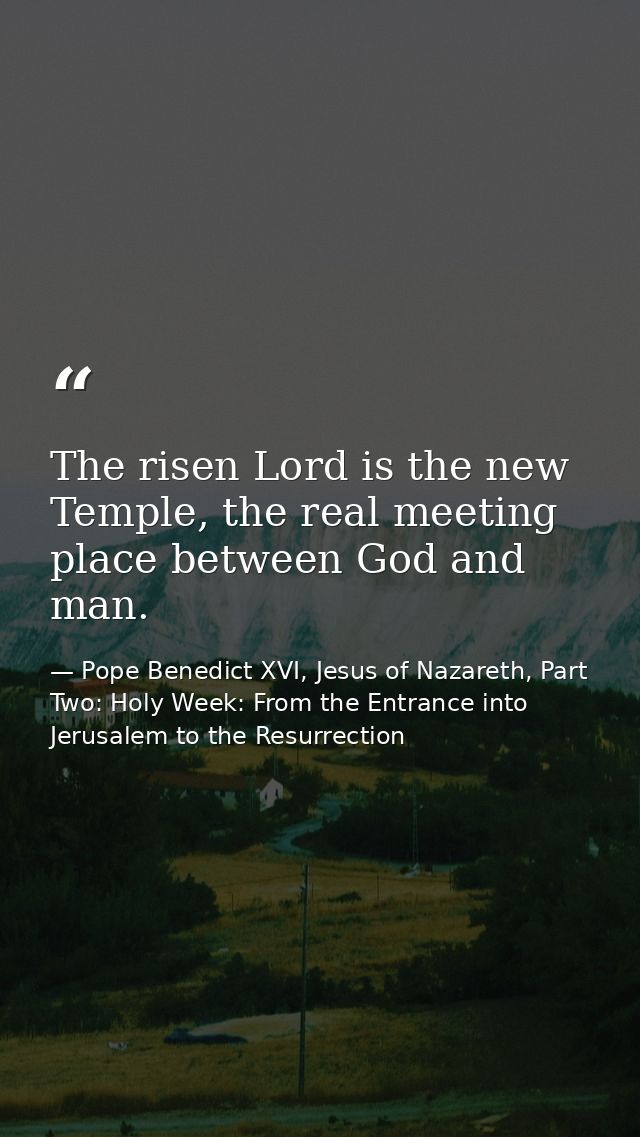 The risen Lord is the new Temple, the real meeting place between God and man. — Pope Benedict XVI, Jesus of Nazareth, Part Two: Holy Week: From the Entrance into Jerusalem to the Resurrection