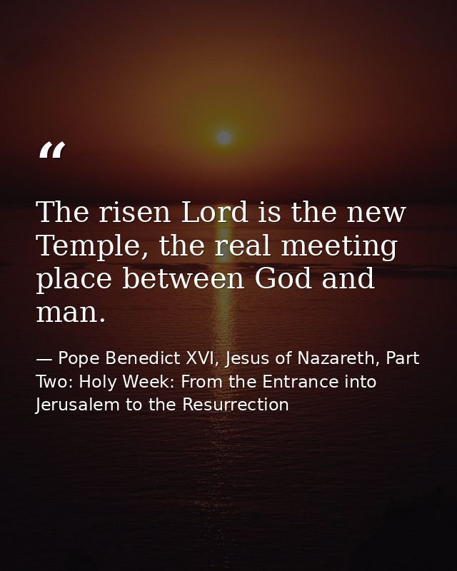 The risen Lord is the new Temple, the real meeting place between God and man. — Pope Benedict XVI, Jesus of Nazareth, Part Two: Holy Week: From the Entrance into Jerusalem to the Resurrection