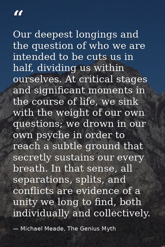 Our deepest longings and the question of who we are intended to be cuts us in half, dividing us within ourselves. At cri — Michael Meade, The Genius Myth