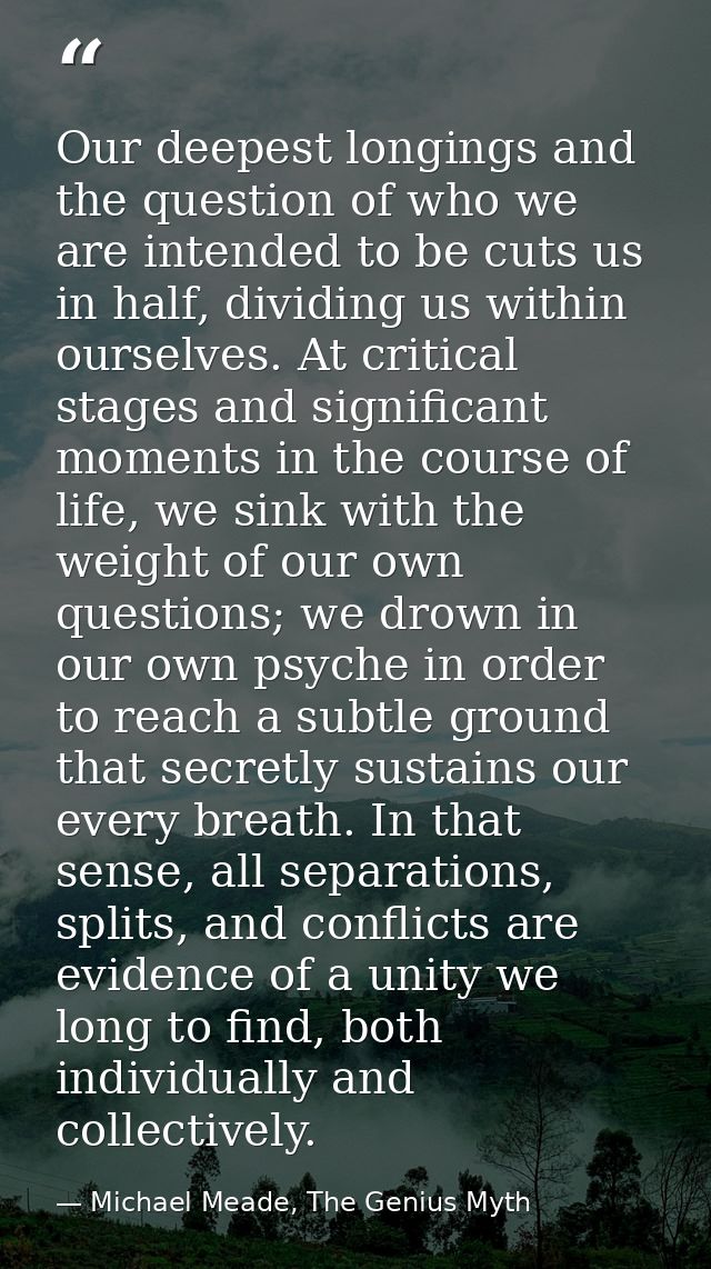 Our deepest longings and the question of who we are intended to be cuts us in half, dividing us within ourselves. At cri — Michael Meade, The Genius Myth