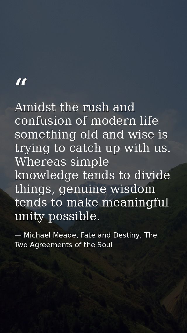 Amidst the rush and confusion of modern life something old and wise is trying to catch up with us. Whereas simple knowle — Michael Meade, Fate and Destiny, The Two Agreements of the Soul