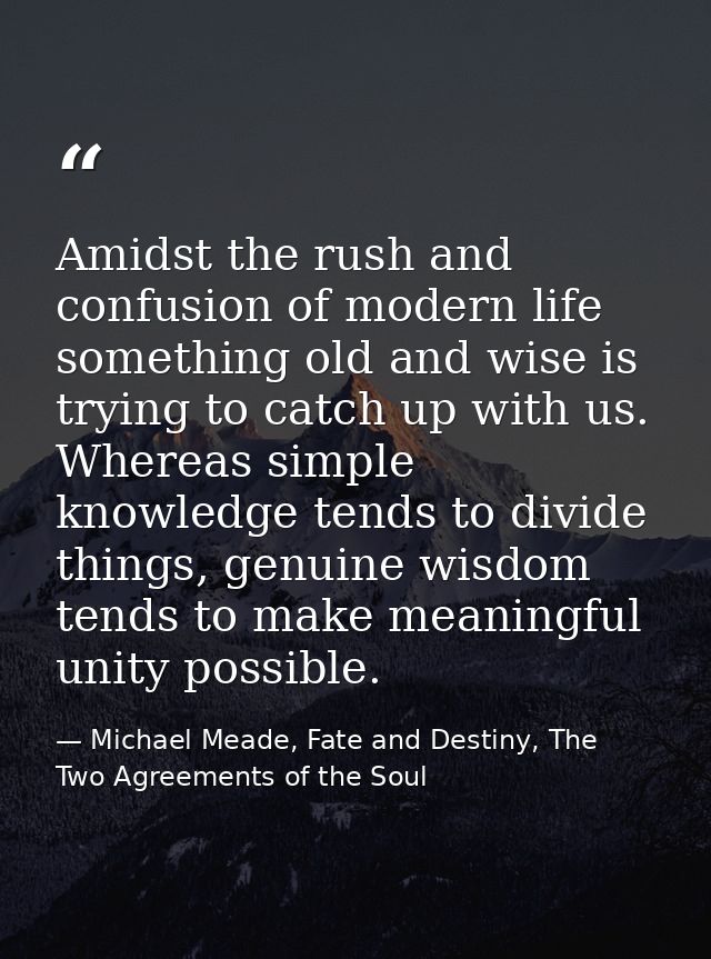 Amidst the rush and confusion of modern life something old and wise is trying to catch up with us. Whereas simple knowle — Michael Meade, Fate and Destiny, The Two Agreements of the Soul