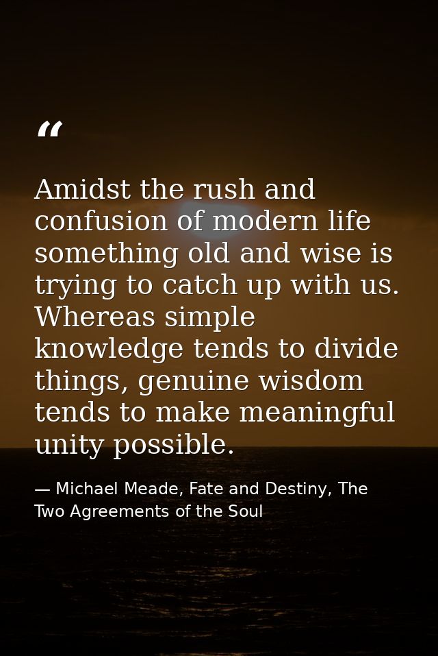 Amidst the rush and confusion of modern life something old and wise is trying to catch up with us. Whereas simple knowle — Michael Meade, Fate and Destiny, The Two Agreements of the Soul