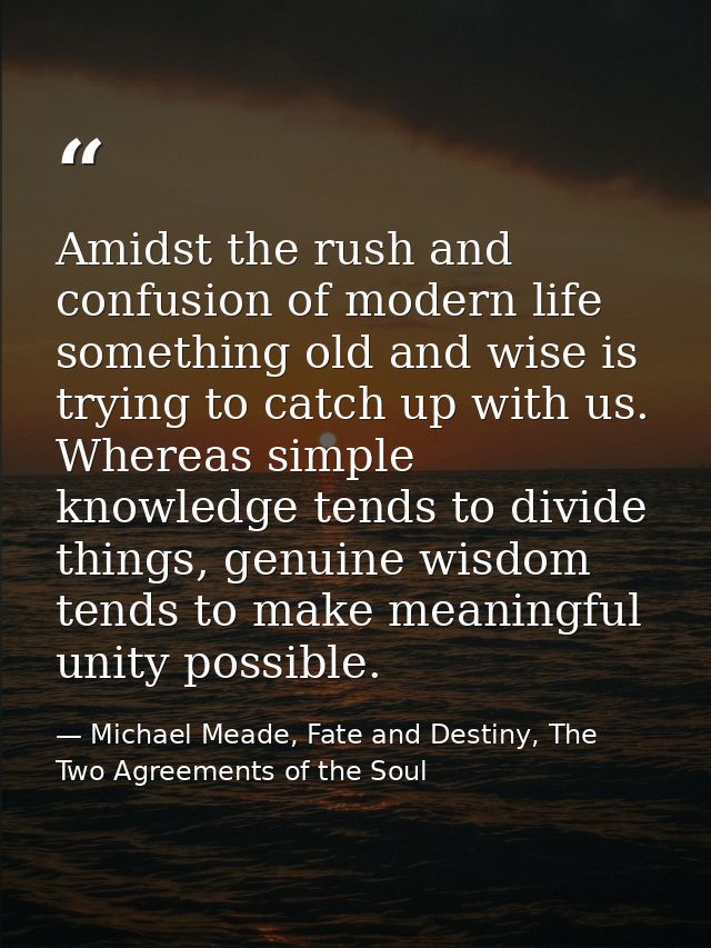 Amidst the rush and confusion of modern life something old and wise is trying to catch up with us. Whereas simple knowle — Michael Meade, Fate and Destiny, The Two Agreements of the Soul