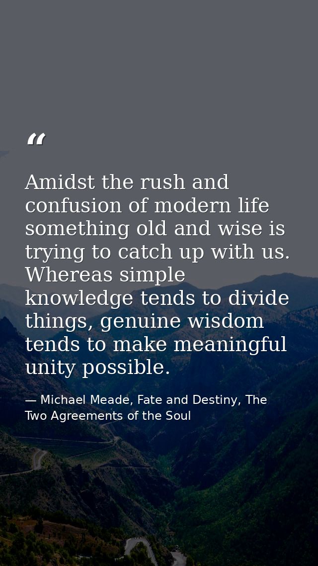 Amidst the rush and confusion of modern life something old and wise is trying to catch up with us. Whereas simple knowle — Michael Meade, Fate and Destiny, The Two Agreements of the Soul