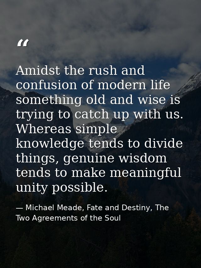 Amidst the rush and confusion of modern life something old and wise is trying to catch up with us. Whereas simple knowle — Michael Meade, Fate and Destiny, The Two Agreements of the Soul
