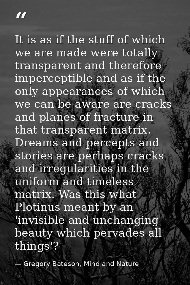 It is as if the stuff of which we are made were totally transparent and therefore imperceptible and as if the only appea — Gregory Bateson, Mind and Nature