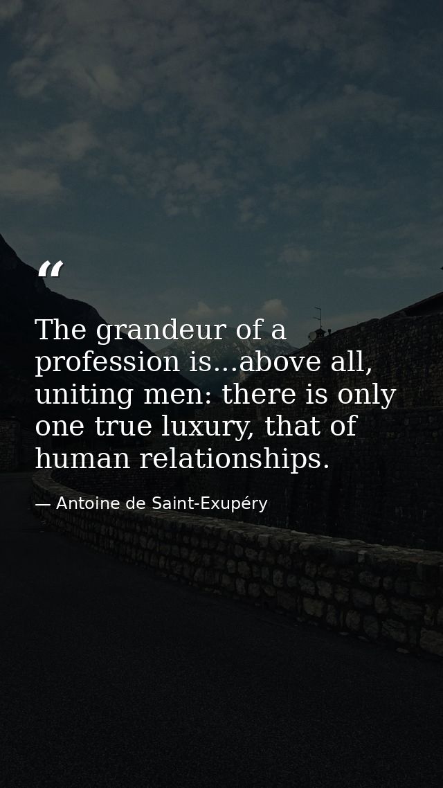 The grandeur of a profession is...above all, uniting men: there is only one true luxury, that of human relationships. — Antoine de Saint-Exupéry