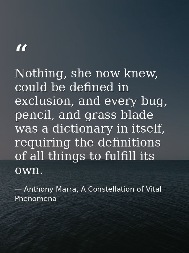 Nothing, she now knew, could be defined in exclusion, and every bug, pencil, and grass blade was a dictionary in itself, — Anthony Marra, A Constellation of Vital Phenomena