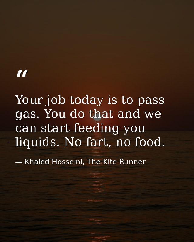 Your job today is to pass gas. You do that and we can start feeding you liquids. No fart, no food. — Khaled Hosseini, The Kite Runner