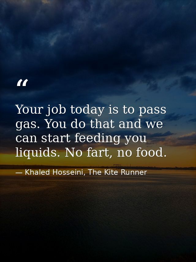 Your job today is to pass gas. You do that and we can start feeding you liquids. No fart, no food. — Khaled Hosseini, The Kite Runner
