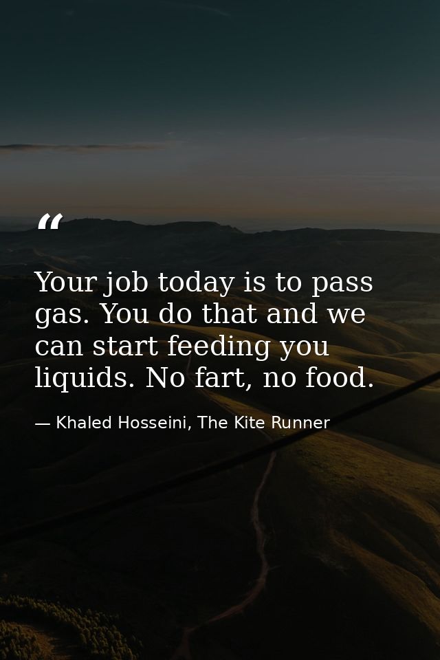 Your job today is to pass gas. You do that and we can start feeding you liquids. No fart, no food. — Khaled Hosseini, The Kite Runner
