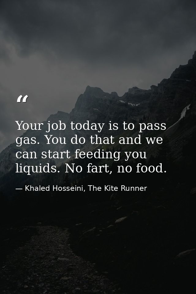 Your job today is to pass gas. You do that and we can start feeding you liquids. No fart, no food. — Khaled Hosseini, The Kite Runner