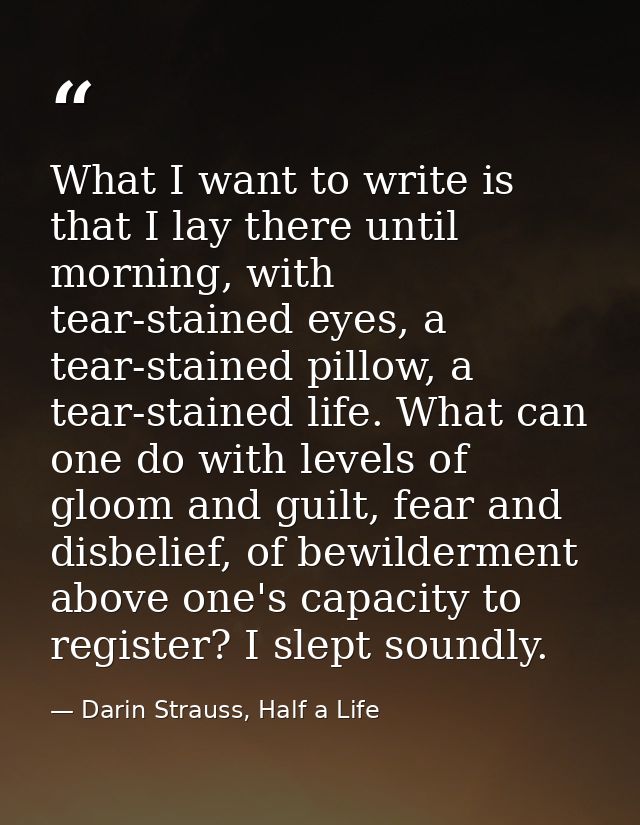 What I want to write is that I lay there until morning, with tear-stained eyes, a tear-stained pillow, a tear-stained li — Darin Strauss, Half a Life