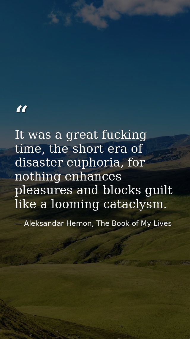 It was a great fucking time, the short era of disaster euphoria, for nothing enhances pleasures and blocks guilt like a  — Aleksandar Hemon, The Book of My Lives
