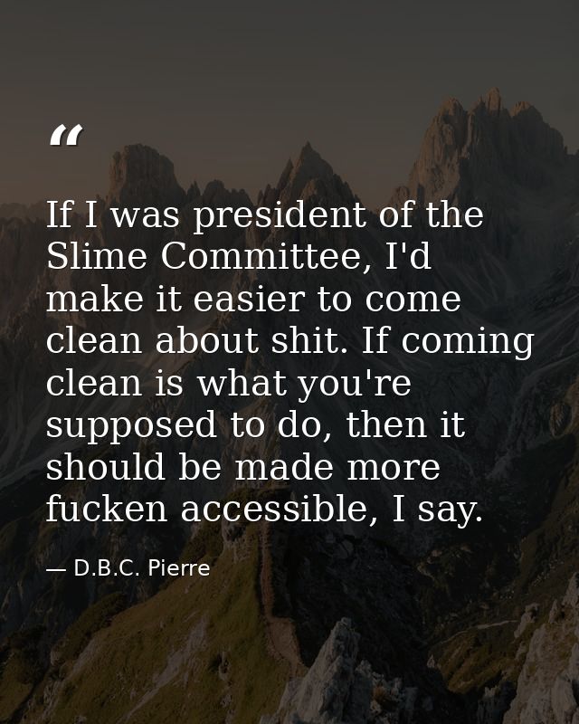 If I was president of the Slime Committee, I'd make it easier to come clean about shit. If coming clean is what you're s — D.B.C. Pierre
