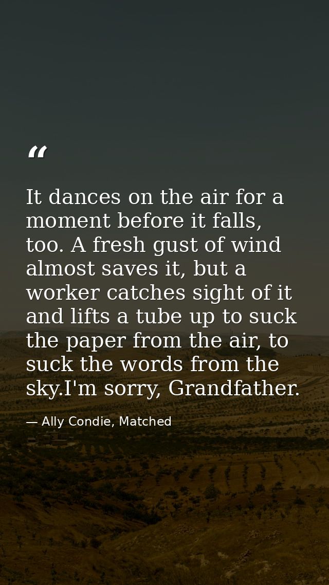 It dances on the air for a moment before it falls, too. A fresh gust of wind almost saves it, but a worker catches sight — Ally Condie, Matched