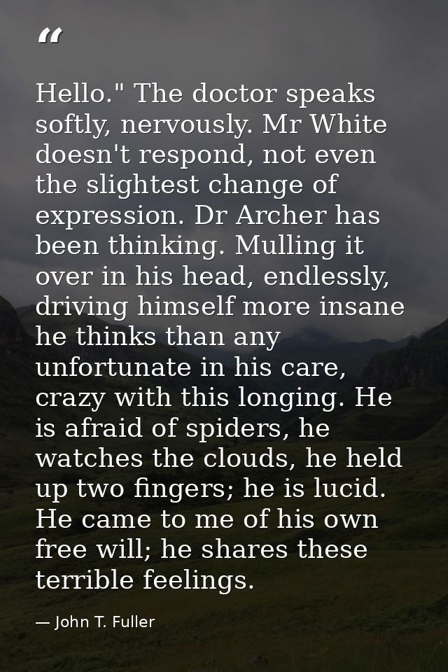 Hello." The doctor speaks softly, nervously. Mr White doesn't respond, not even the slightest change of expression. Dr A — John T. Fuller