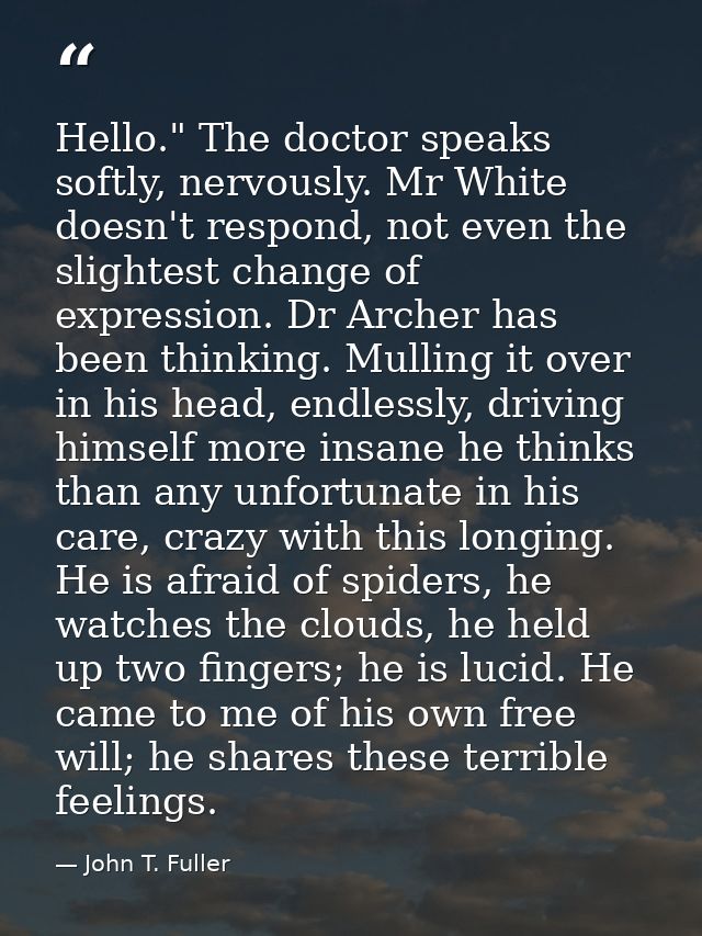 Hello." The doctor speaks softly, nervously. Mr White doesn't respond, not even the slightest change of expression. Dr A — John T. Fuller