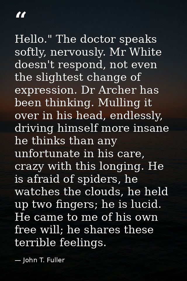 Hello." The doctor speaks softly, nervously. Mr White doesn't respond, not even the slightest change of expression. Dr A — John T. Fuller