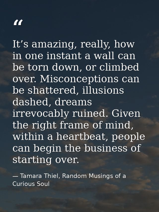 It’s amazing, really, how in one instant a wall can be torn down, or climbed over. Misconceptions can be shattered, illu — Tamara Thiel, Random Musings of a Curious Soul