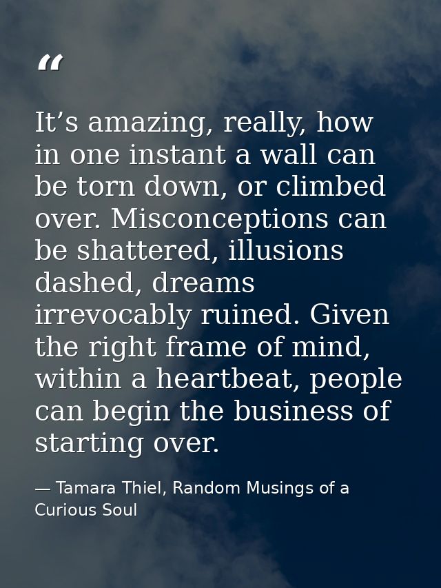 It’s amazing, really, how in one instant a wall can be torn down, or climbed over. Misconceptions can be shattered, illu — Tamara Thiel, Random Musings of a Curious Soul