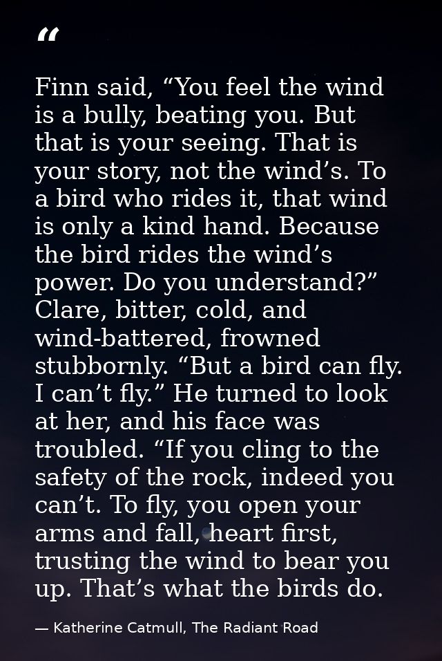 Finn said, “You feel the wind is a bully, beating you. But that is your seeing. That is your story, not the wind’s. To a — Katherine Catmull, The Radiant Road