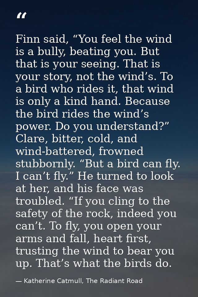 Finn said, “You feel the wind is a bully, beating you. But that is your seeing. That is your story, not the wind’s. To a — Katherine Catmull, The Radiant Road