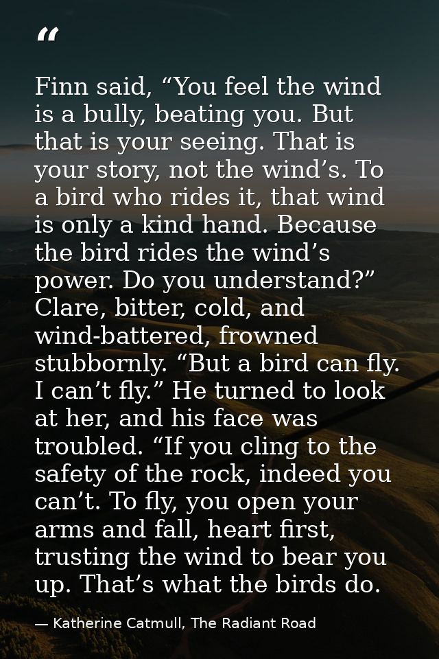 Finn said, “You feel the wind is a bully, beating you. But that is your seeing. That is your story, not the wind’s. To a — Katherine Catmull, The Radiant Road