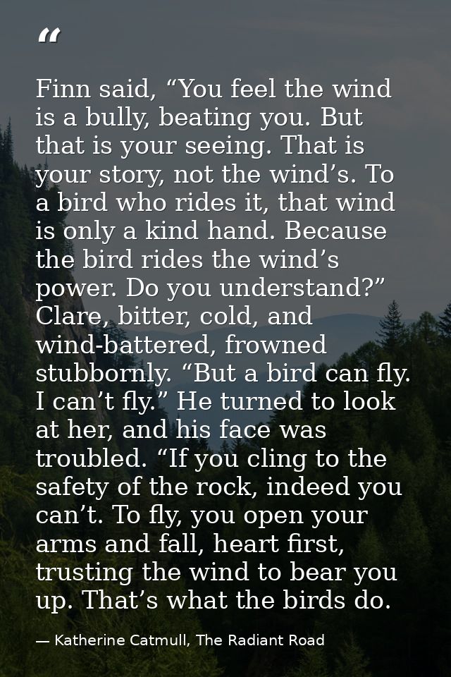 Finn said, “You feel the wind is a bully, beating you. But that is your seeing. That is your story, not the wind’s. To a — Katherine Catmull, The Radiant Road