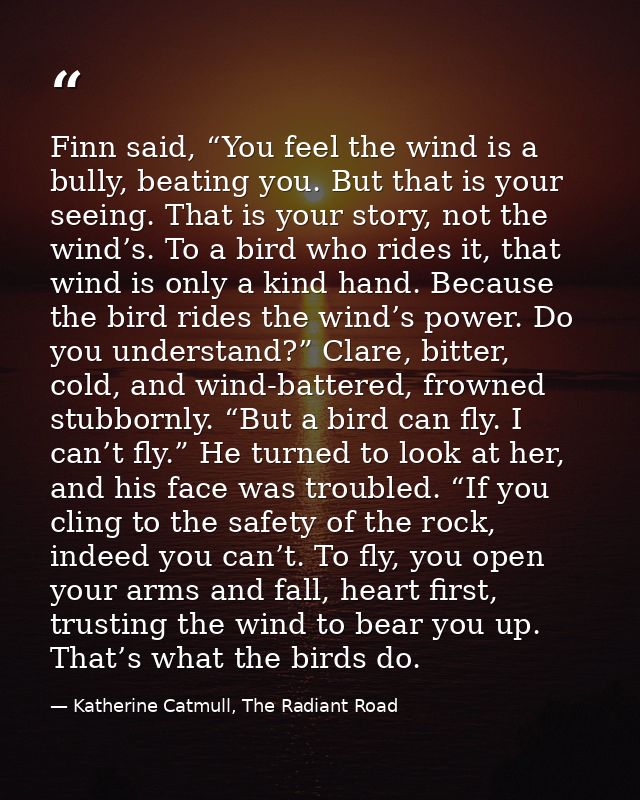 Finn said, “You feel the wind is a bully, beating you. But that is your seeing. That is your story, not the wind’s. To a — Katherine Catmull, The Radiant Road