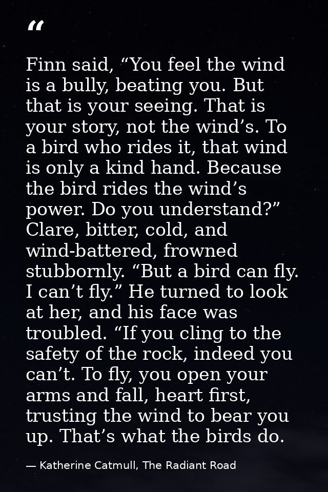 Finn said, “You feel the wind is a bully, beating you. But that is your seeing. That is your story, not the wind’s. To a — Katherine Catmull, The Radiant Road