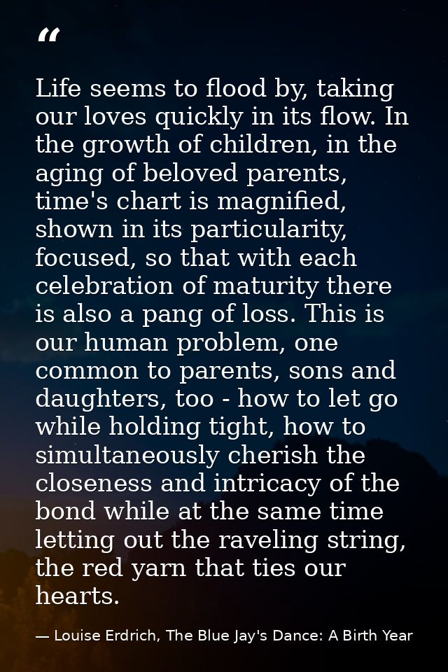 Life seems to flood by, taking our loves quickly in its flow. In the growth of children, in the aging of beloved parents — Louise Erdrich, The Blue Jay's Dance: A Birth Year