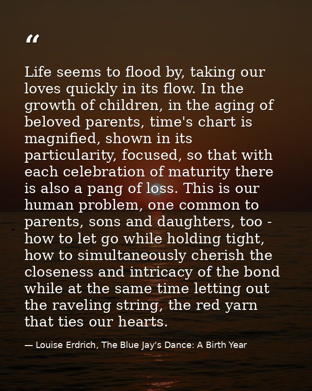 Life seems to flood by, taking our loves quickly in its flow. In the growth of children, in the aging of beloved parents — Louise Erdrich, The Blue Jay's Dance: A Birth Year