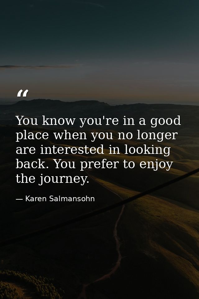 You know you're in a good place when you no longer are interested in looking back. You prefer to enjoy the journey. — Karen Salmansohn