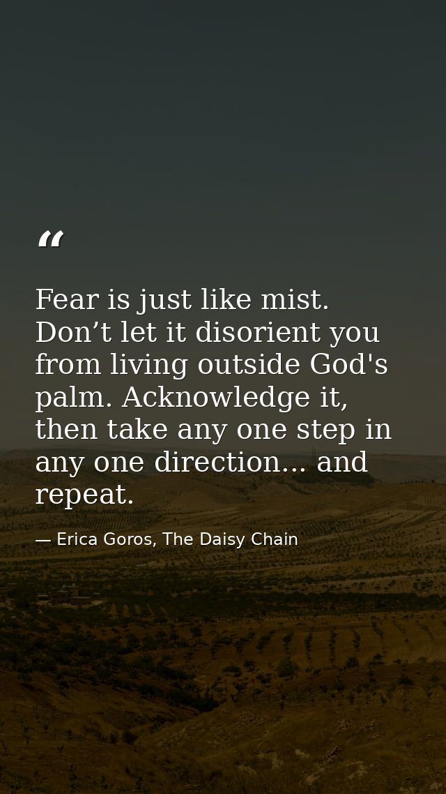 Fear is just like mist. Don’t let it disorient you from living outside God's palm. Acknowledge it, then take any one ste — Erica Goros, The Daisy Chain