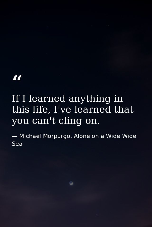 If I learned anything in this life, I've learned that you can't cling on. — Michael Morpurgo, Alone on a Wide Wide Sea