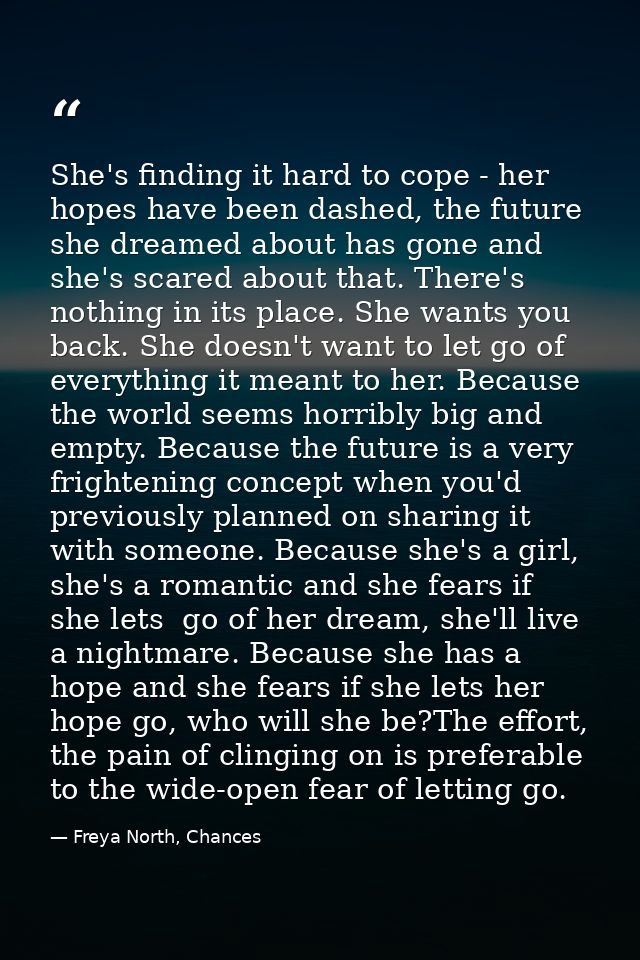 She's finding it hard to cope - her hopes have been dashed, the future she dreamed about has gone and she's scared about — Freya North, Chances