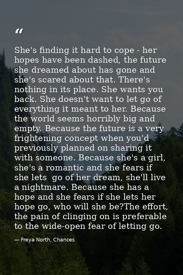 She's finding it hard to cope - her hopes have been dashed, the future she dreamed about has gone and she's scared about — Freya North, Chances