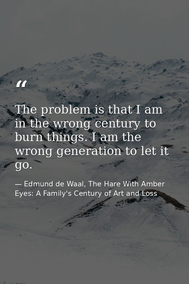 The problem is that I am in the wrong century to burn things. I am the wrong generation to let it go. — Edmund de Waal, The Hare With Amber Eyes: A Family's Century of Art and Loss