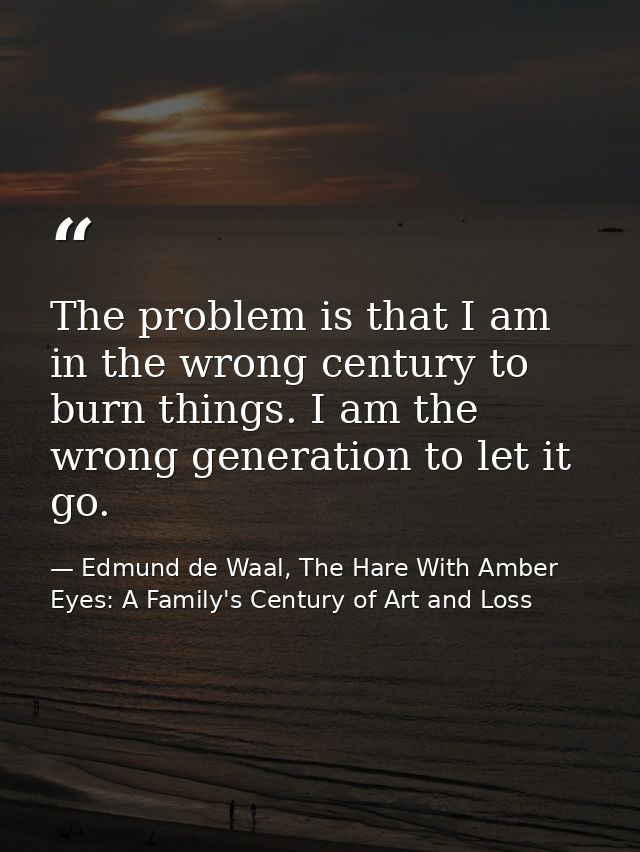 The problem is that I am in the wrong century to burn things. I am the wrong generation to let it go. — Edmund de Waal, The Hare With Amber Eyes: A Family's Century of Art and Loss